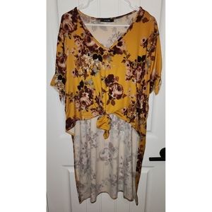 Arabella high low plus size top tie front soft and stretchy 3X mustard floral
